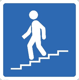 Abbildung eines Verkehrszeichens zur Kennzeichnung einer Fußgängerunterführung. Die Abbildung zeigt ein quadratisches blaues Verkehrszeichen mit dem Piktogramm eines Fußgängers, der eine Treppe hinuntergeht.