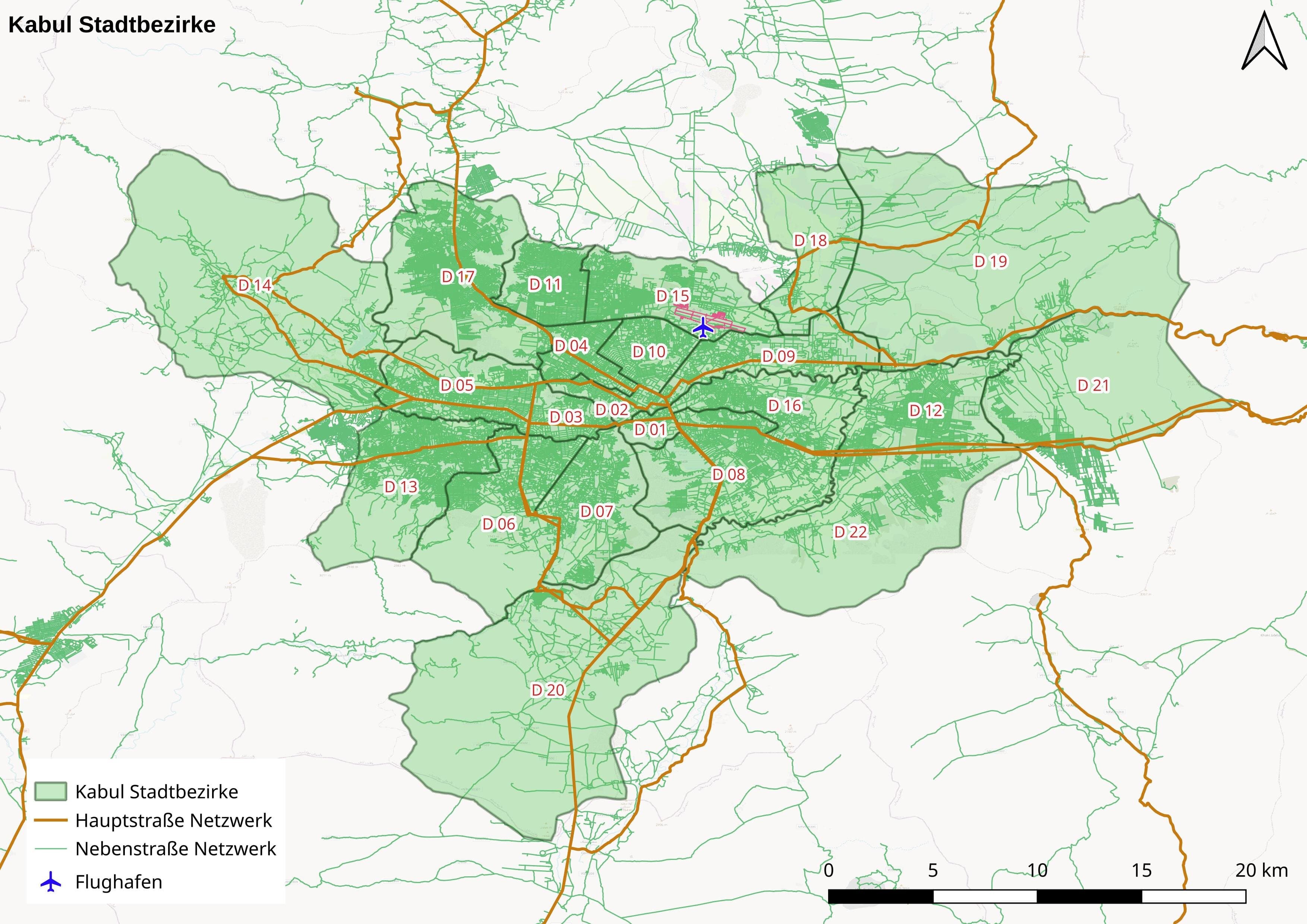 Karte von Kabul-Stadt mit Unterteilung in Bezirke sowie Darstellung der Hauptverkehrswege und des Flughafens
