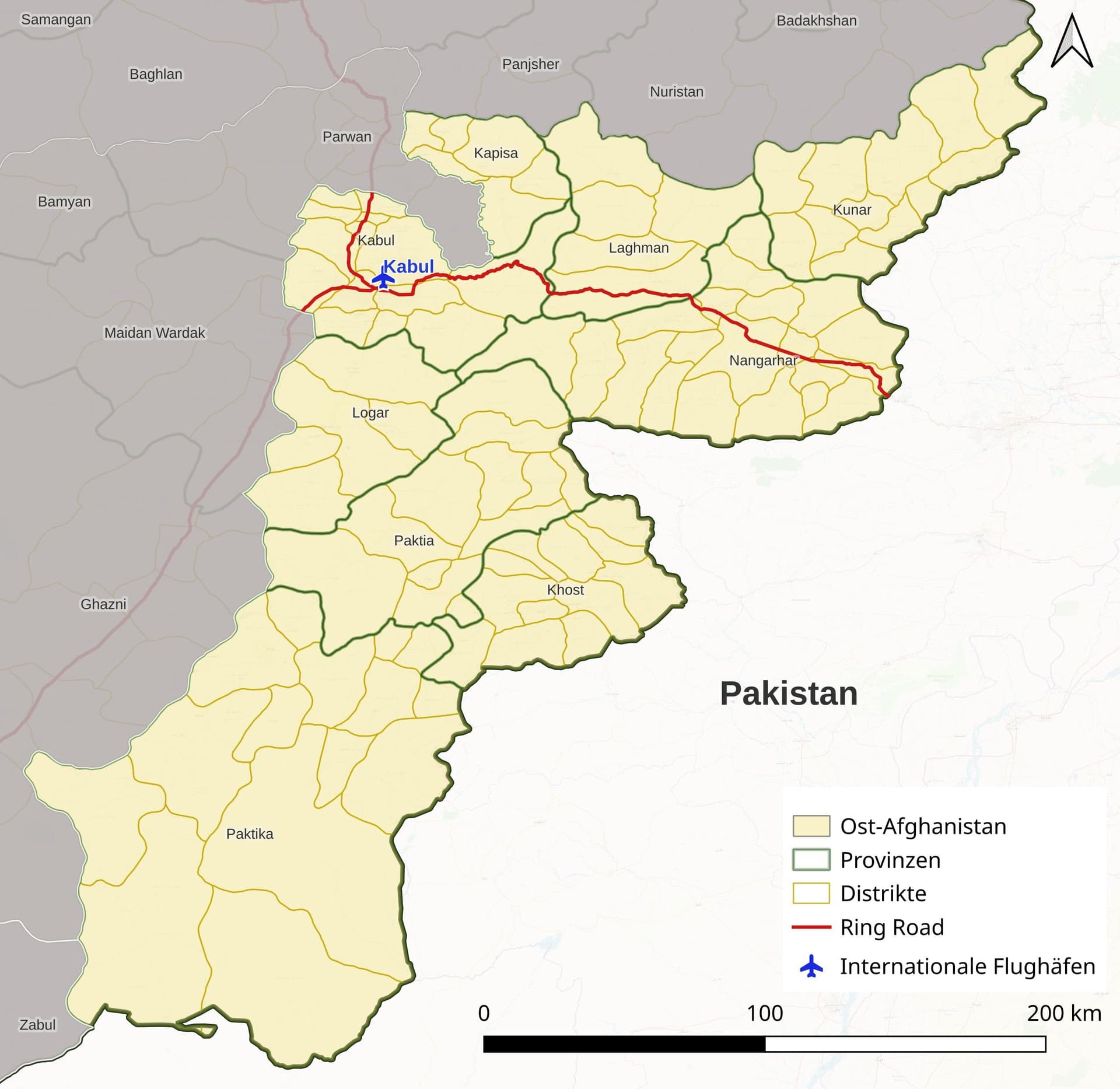 Karte Ost-Afghanistan unterteilt in Provinzen mit Hauptverkehrswegen und Flughafen