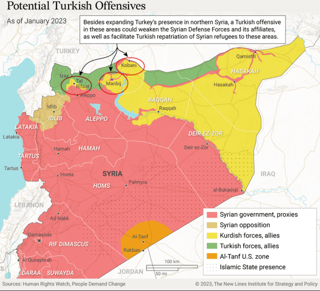 Karte Syriens mit eingekreisten Ortschaften, Manbij, Tal Rifaat und Kobane, wo mögliche türkische Operationen stattfinden könnten