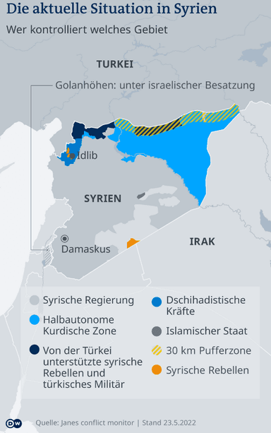 Karte von Syrien, auf der die Kontrollgebiete eingezeichnet sind
