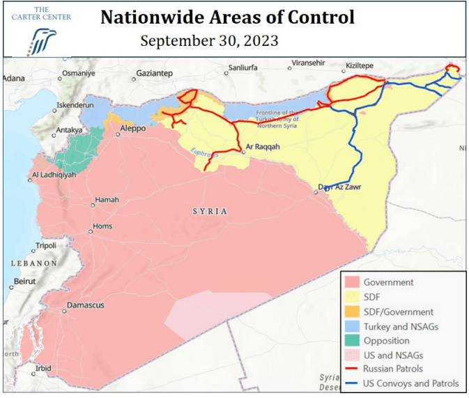 Kontrollgebiete der einzelnen Akteure farbig dargestellt auf einer Karte von Syrien