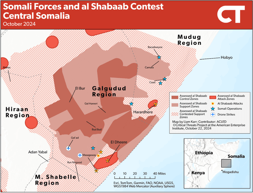 Das Bild zeigt Kontrollzonen in Zentralsomalia Anfang Oktober 2024