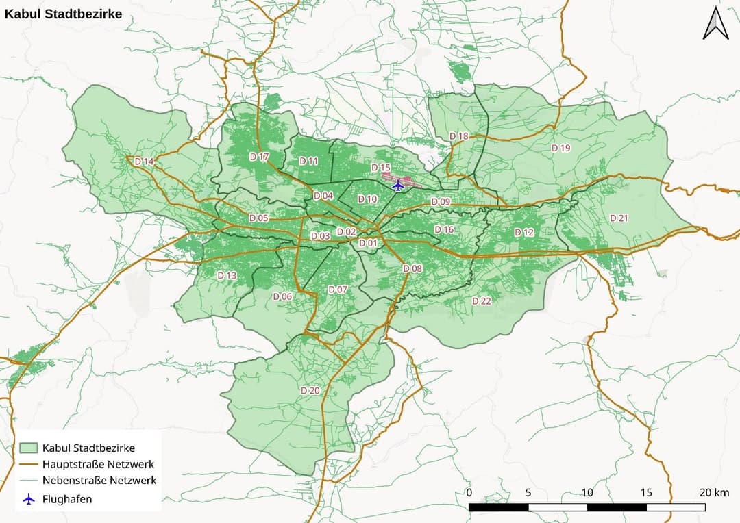 Karte von Kabul-Stadt mit Unterteilung in Bezirke sowie Darstellung der Hauptverkehrswege und des Flughafens