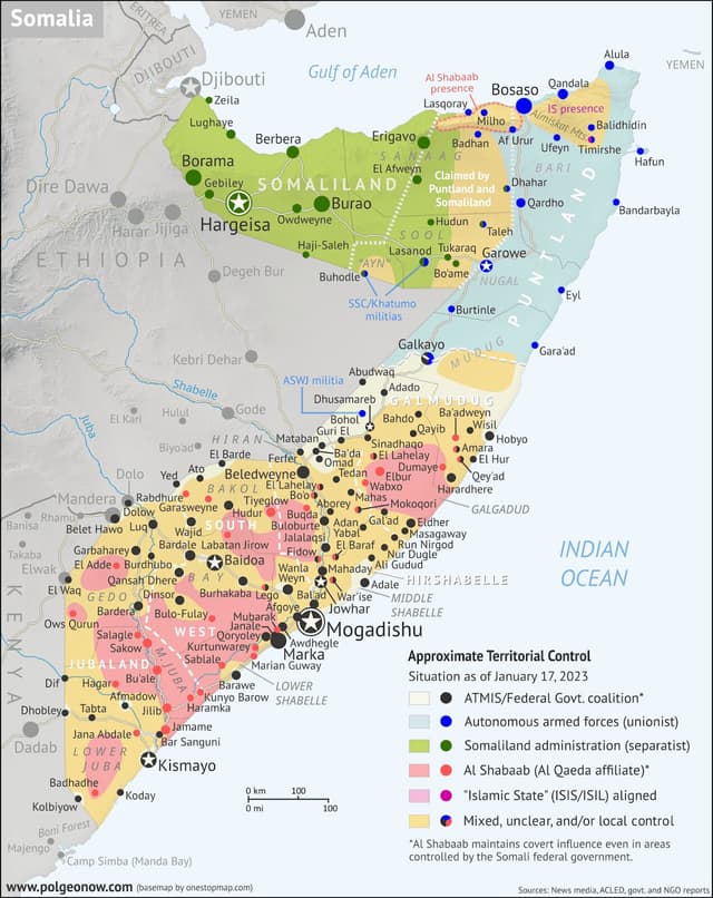 Das Bild zeigt eine Landkarte von Somalia, in welcher verzeichnet ist, welche Teile von welchem Akteur beeinflusst oder kontrolliert werden