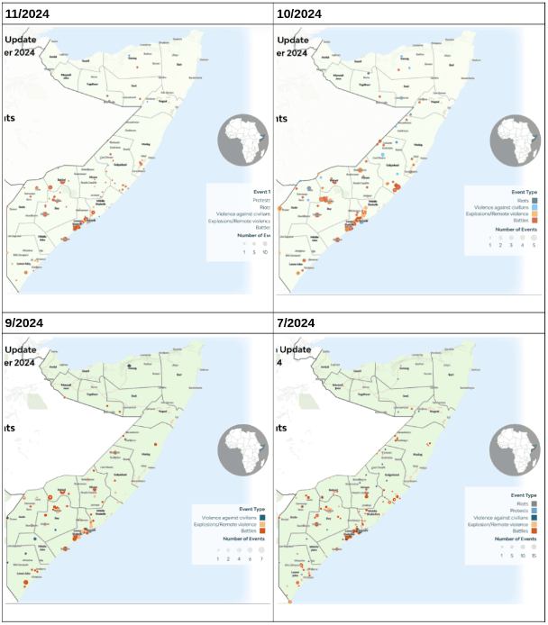 ACLED Vorfälle auf Landkarten notiert für vier Monate
