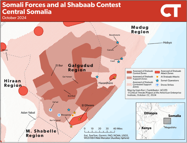 Das Bild zeigt Kontrollzonen in Zentralsomalia Anfang Oktober 2024